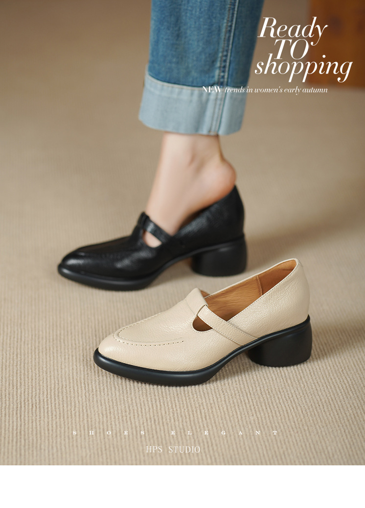 Giày Mary Jane nữ da cừu mềm đế dày gót thấp miệng nông quai ngang — màu đen chi tiết 3