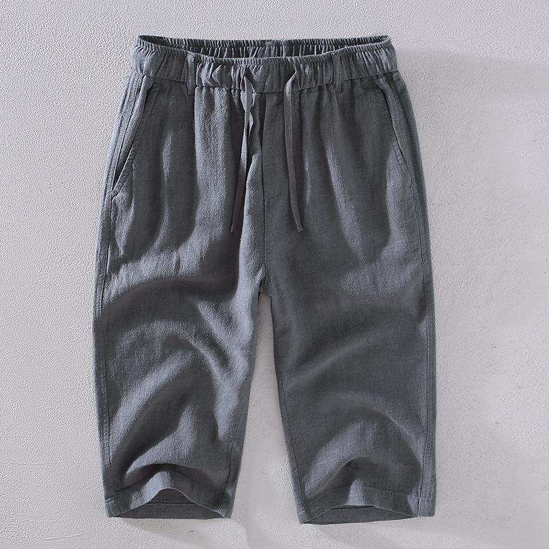 Ramie casual men's shorts for summer loose outer wear, cropped pants, thin and comfortable linen, cropped pants for men_voghion.com