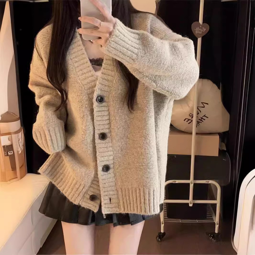 Coreano color sólido de cuello en V jersey de punto suéter mujeres otoño invierno nuevo estilo perezoso estilo suave pegajoso versión suelta abrigo grueso