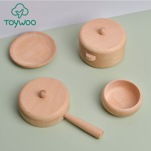 Yiwang wooden play house kitchen toys log cooking toys beech wood tableware pan wok