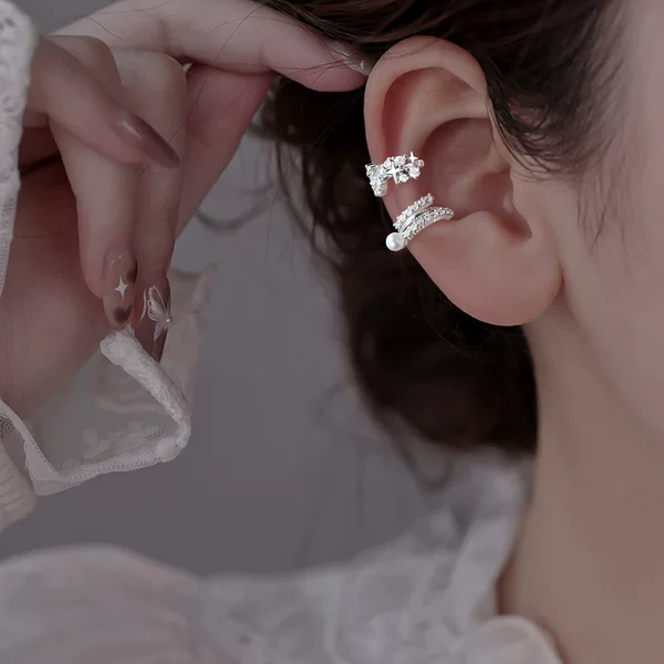 Ancient cat ning gypsophila ear clip tassel pearl earring long high-grade multi-layer zircon ear clip