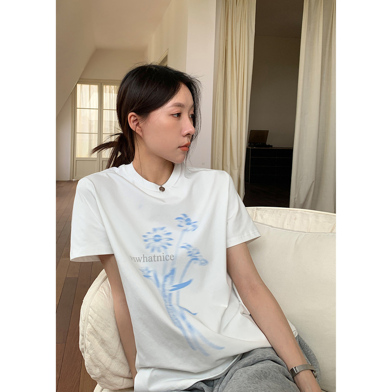 chic美式花卉印花短袖T恤女夏季新款宽松情侣款上衣|undefined