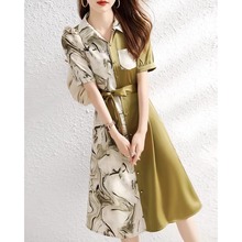 2025夏季女装高端醋酸丝滑领衬衫裙不规则水墨印花系带连衣裙子