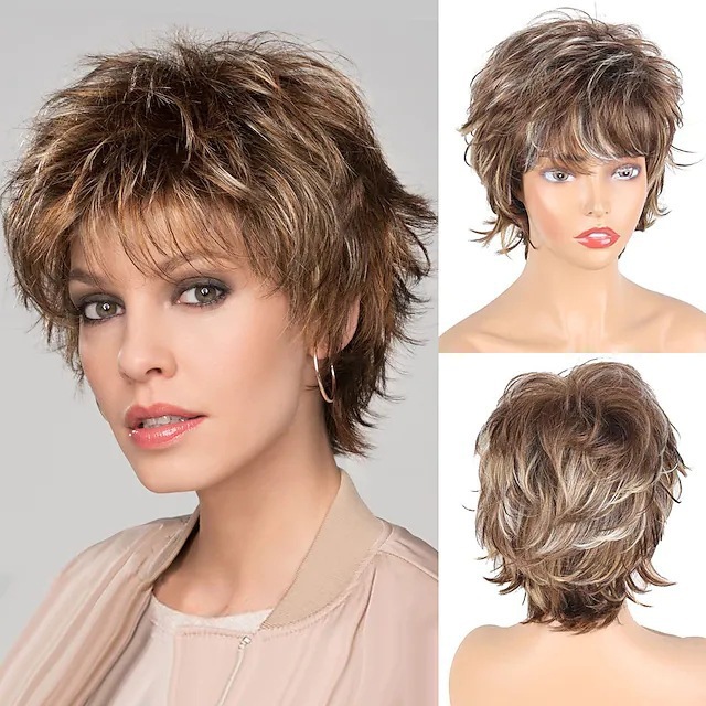 Peluca de pelo sintético para mujer corta rizada gris_voghion.com