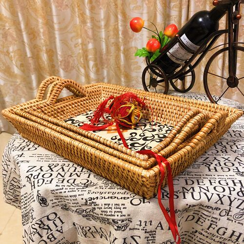 Vietnamese Ethnic Wood Printed Fruit Plate Living Room Desk Tray Bread Storage Tray Dry Fruit Snack Plate