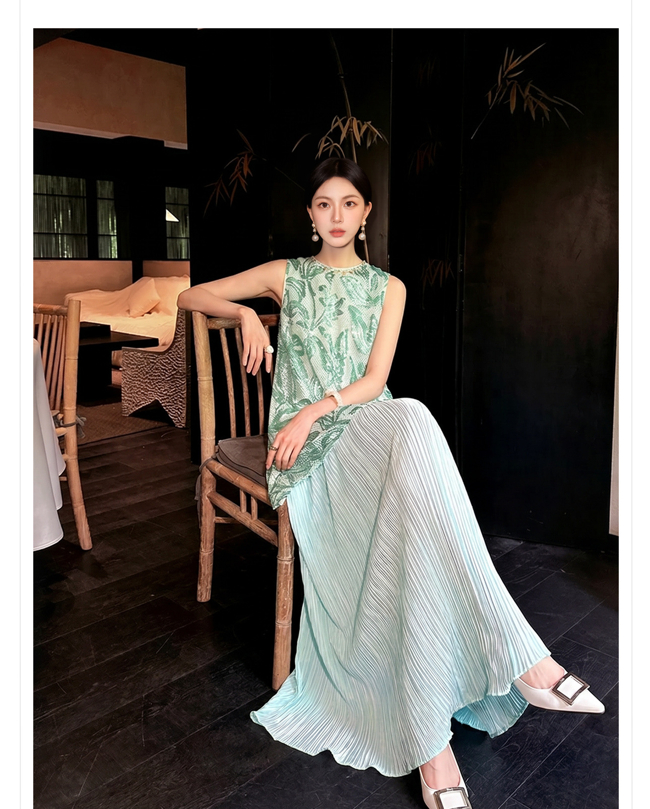 Đầm maxi nữ thắt eo phong cách Tân Trung Hoa họa tiết thêu nổi — Trà cà phê chi tiết 8