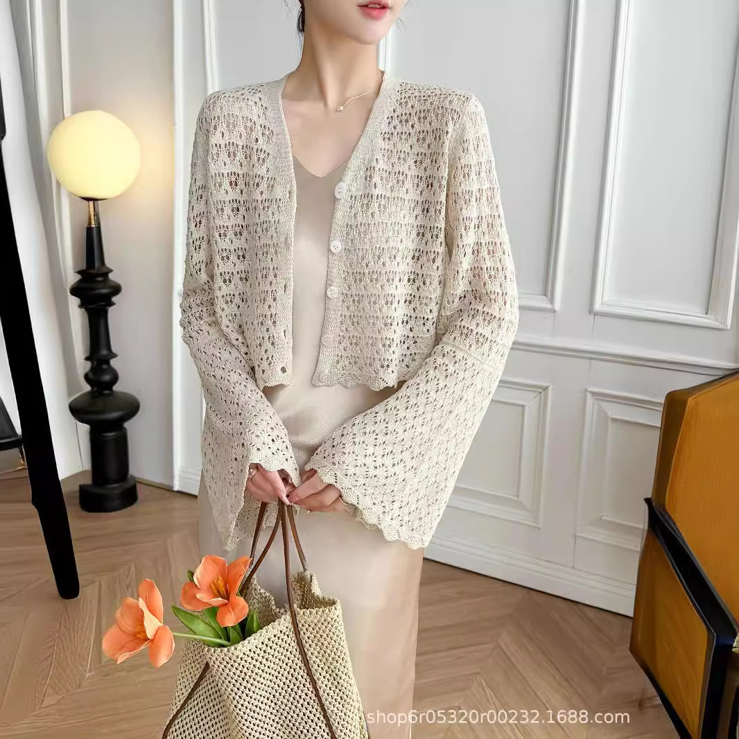 2025 Women's French Romantic Nice Holiday Hollow-out Jacquard Sunscreen Air-Conditioning Knit Cardigan - Cool and Breathable