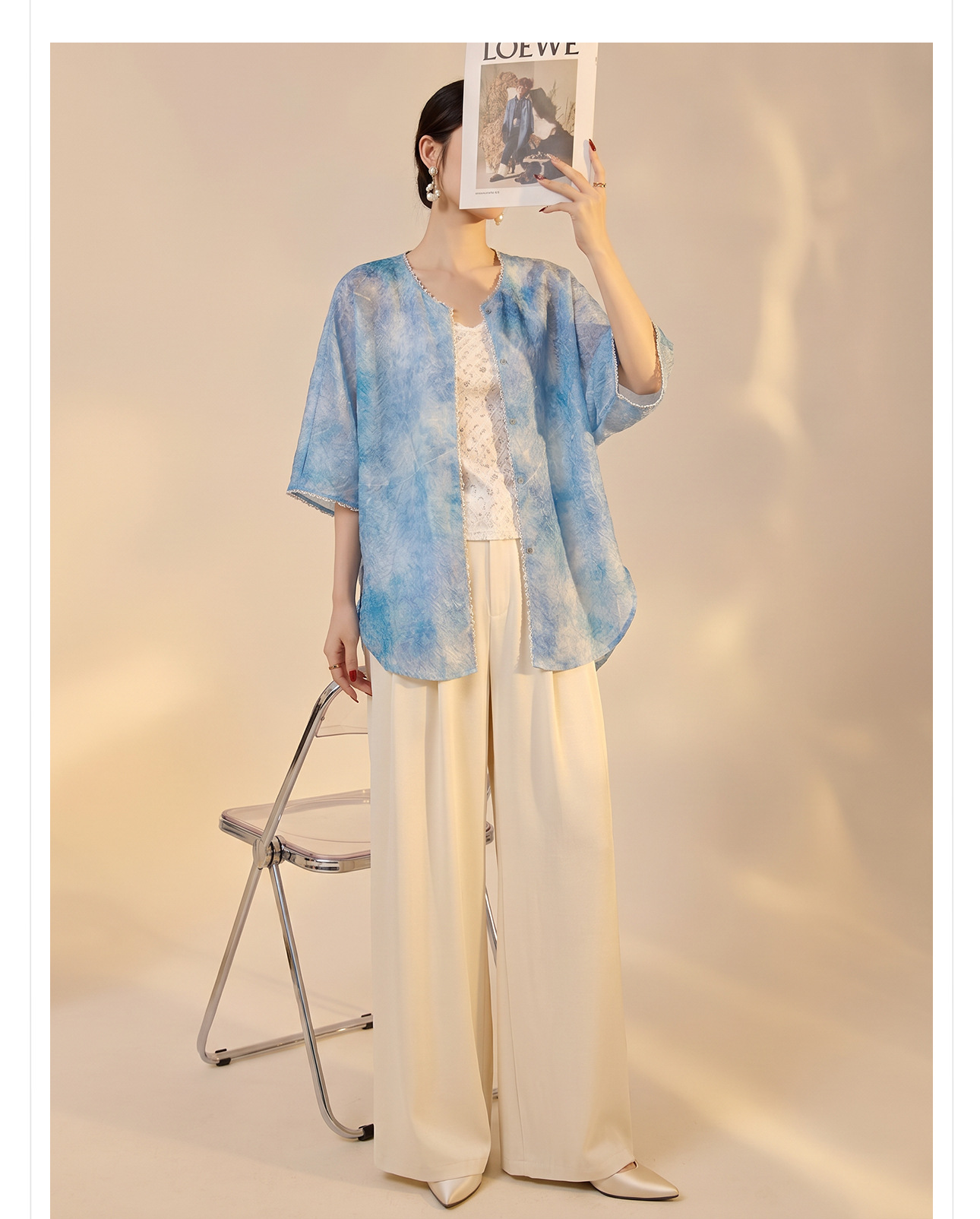Áo cardigan mùa hè mỏng nhẹ thoáng khí, họa tiết in chống nắng đính cườm, dáng rộng — Xanh da trờicolor, Thái Đường chi tiết 7