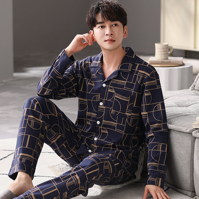 Cardigan pijamas de los hombres 100% algodón primavera y otoño se pueden usar fuera traje de manga larga invierno papá joven y de mediana edad ropa para el hogar