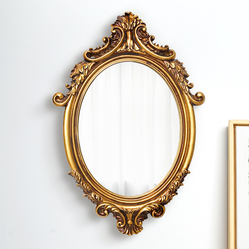 French Retro Court Baroque Style Golden Classical Light Luxury Resin Carved Cosmetic Mirror Oval Wall Mountable French Retro Court Baroque Style Golden Classical Light Luxury Resin Carved Cosmetic Mirror Oval Wall Mountable