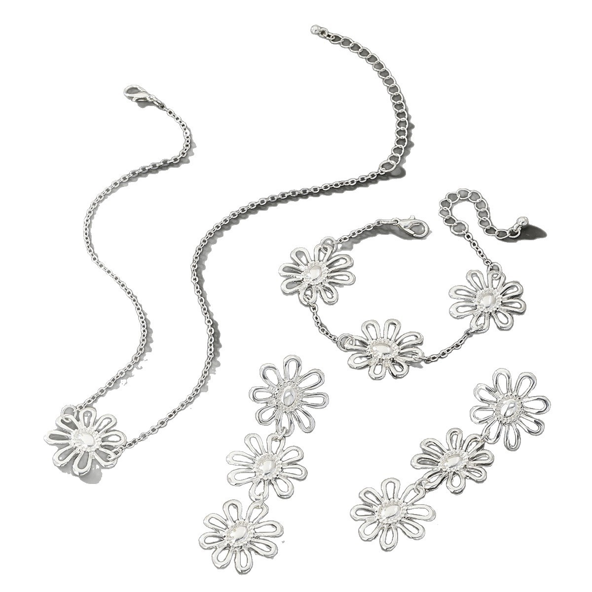 Temperamento transfronterizo europeo y americano único color plateado margarita hueca collar de flores pulsera aretes conjunto joyería para mujer