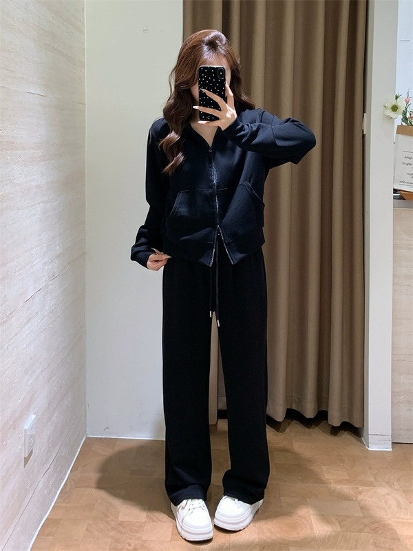 运动休闲风基础Q弹双拉链短卫衣外套+高腰阔腿卫裤2件套装女秋季|undefined