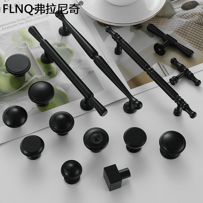 美式黑色全銅拉手簡約法式衣櫃櫥櫃門把手百搭單孔抽屜門純銅拉手