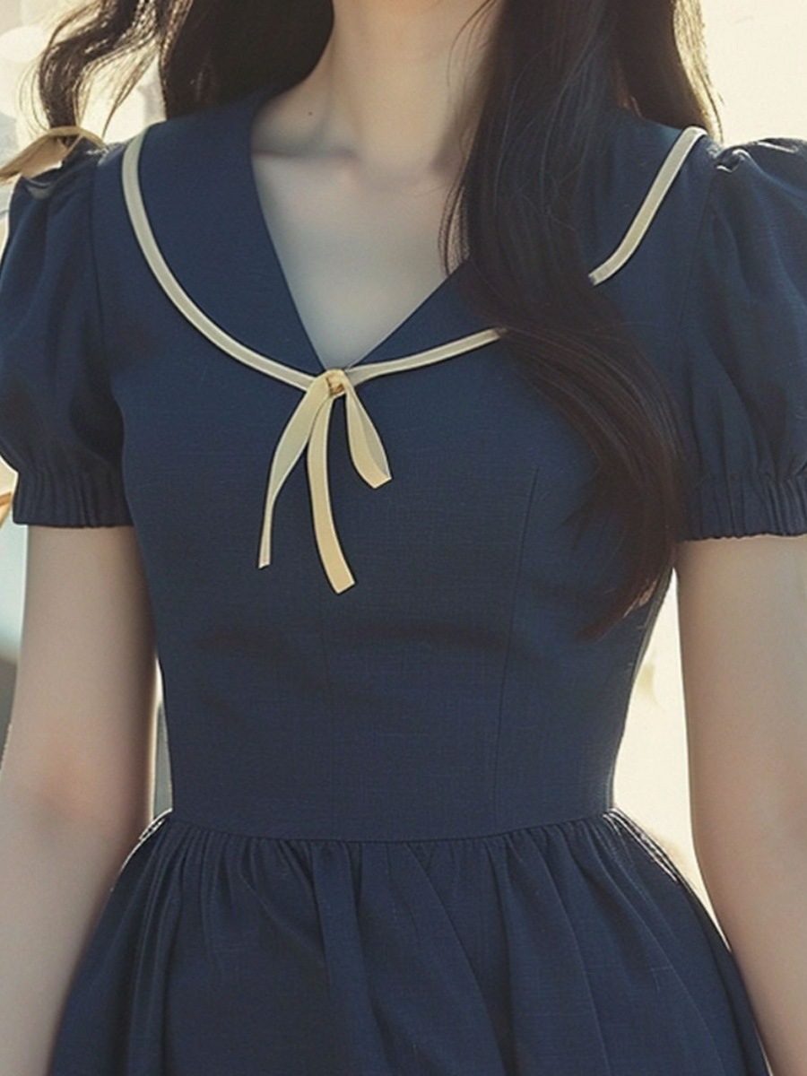 Đầm maxi nữ cổ búp bê xanh navy dáng dài thắt eo mùa hè FL240651 — Màu xanh lam đậm chi tiết 6