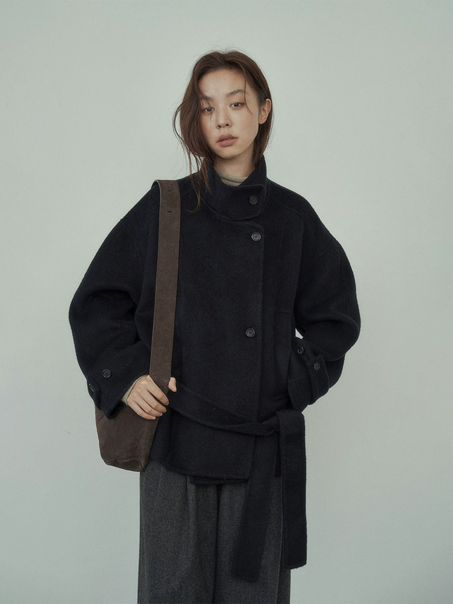 Short double‑side wool jacket, women's retro winter leisure, belted, one size