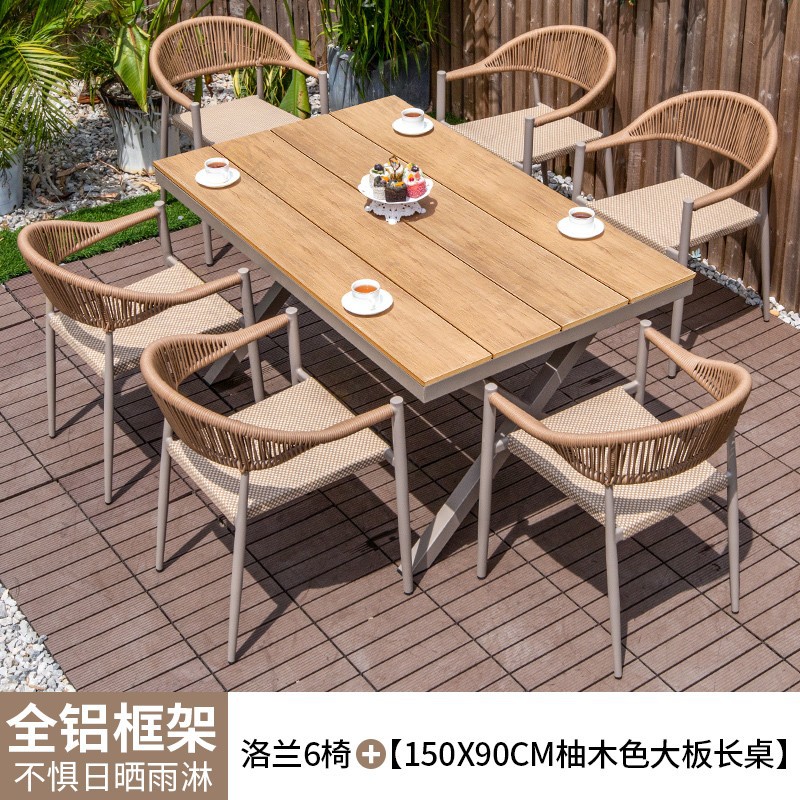Mesas y sillas al aire libre patio de madera de plástico terraza jardín silla de mimbre balcón madera anticorrosiva al aire libre mesa de comedor de ocio combinación de ratán
