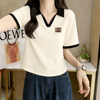 ins风2026夏季新款韩版女装修身都市休闲学院撞色V领短袖衬衫翻领