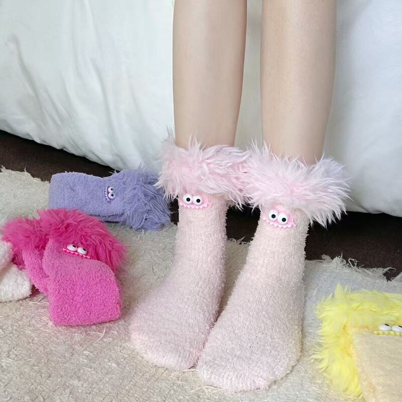 New Crazy Big Mouth Monster Stuffed Socks Women's Velvet Thickened Warm Coral Velvet Sleeping Socks Cartoon Home Women's Socks