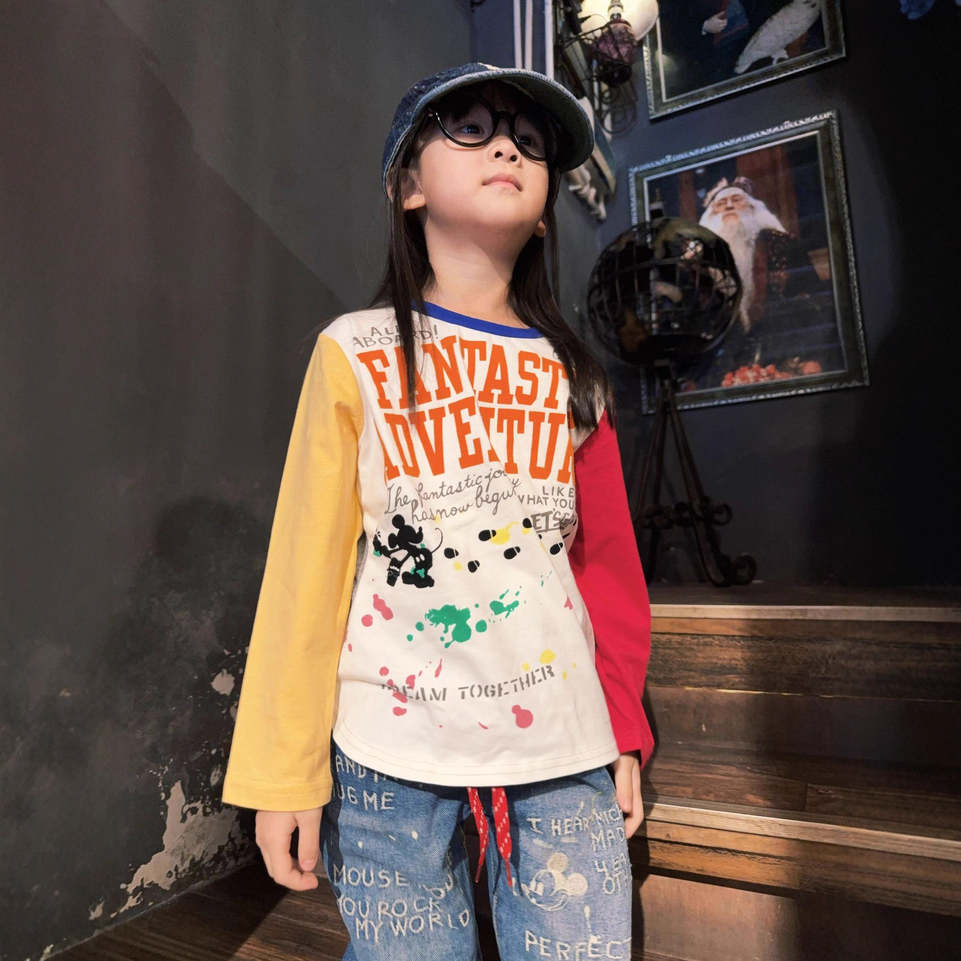 2025新款日系DD童装中古男女童长袖T恤拼色棉质植绒印花圆领上衣
