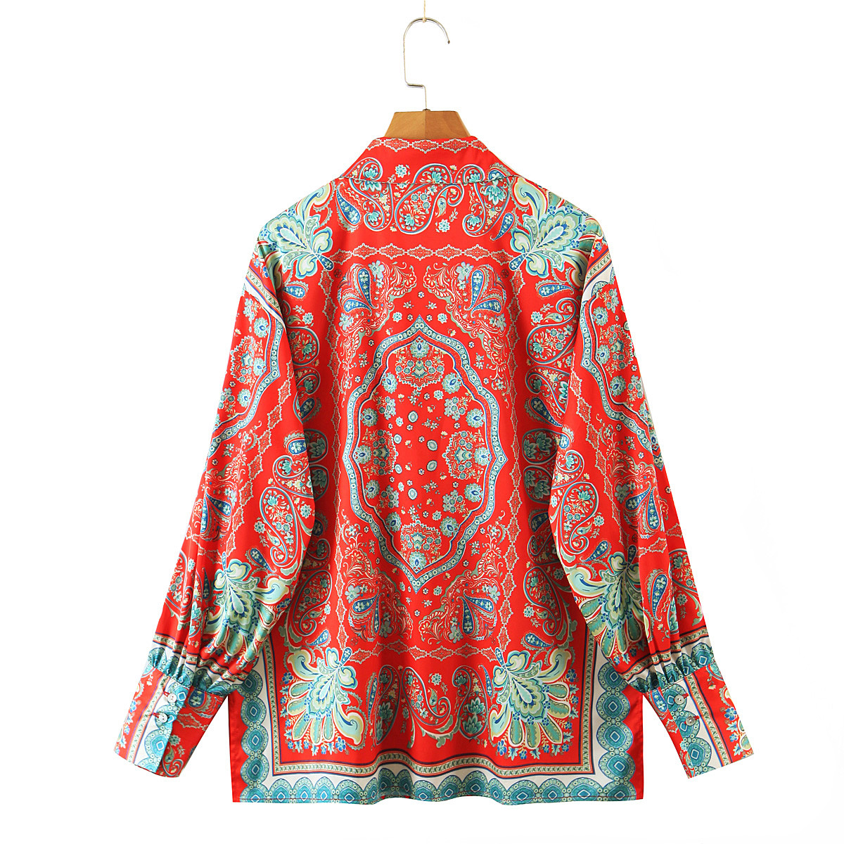 spring red print loose long-sleeved lapel shirt NSXFL118367