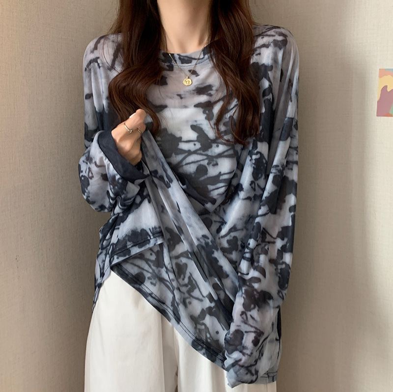 メッシュ日焼け防止服夏の新しい外国貿易カジュアルカジュアルプリントプルオーバー長袖女性の Tシャツトップスシースルー|undefined
