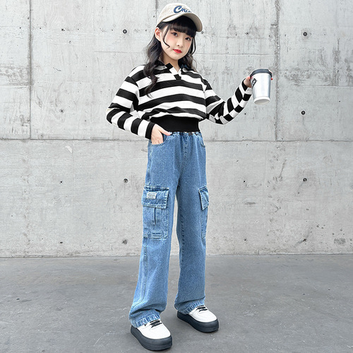 2024 Spring Girls New Workwear Denim Wide Leg Pants Middle and Large Children Spring and Autumn Korean Style Loose Pants Foreign Trade