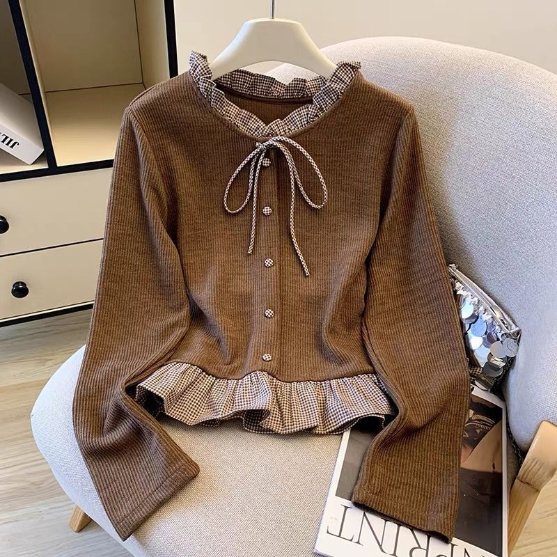 Plaid Ruffled Lace-Up Faux Two-Piece Long-Sleeve Spring and Autumn 2026 New Loose Slimming Short Base Shirt Top for Women