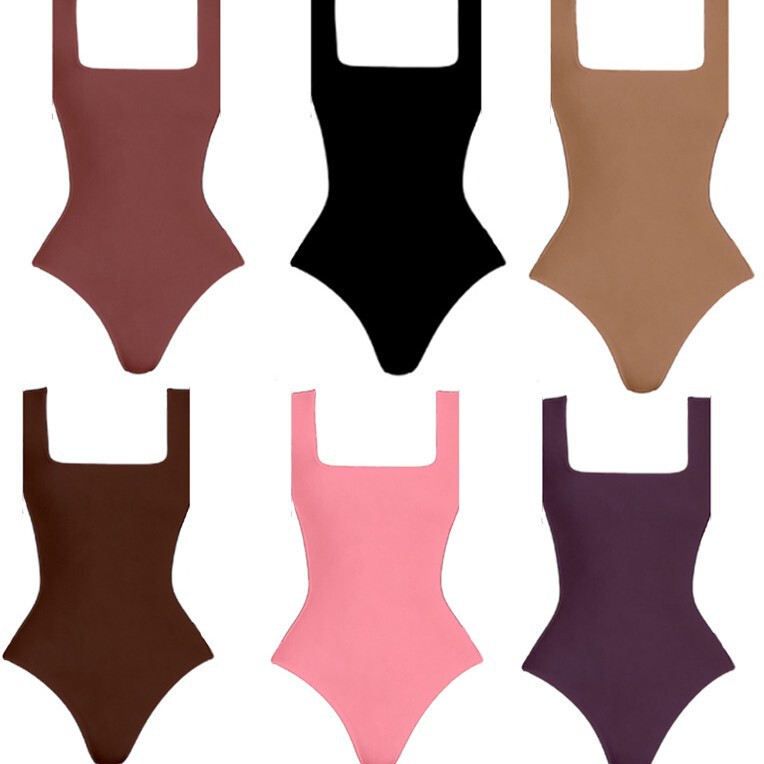 Women's Sexy Medium Stretch Sleeveless Square Neck Thong Bodysuit Slim Fit Shapewear Bodysuit