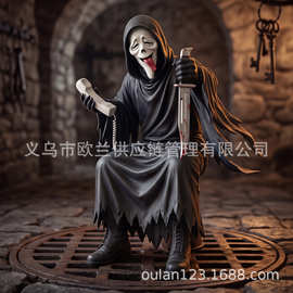 跨境创意万圣节装饰恐怖面具人物雕像摆件节日氛围场景飞天扫把幽