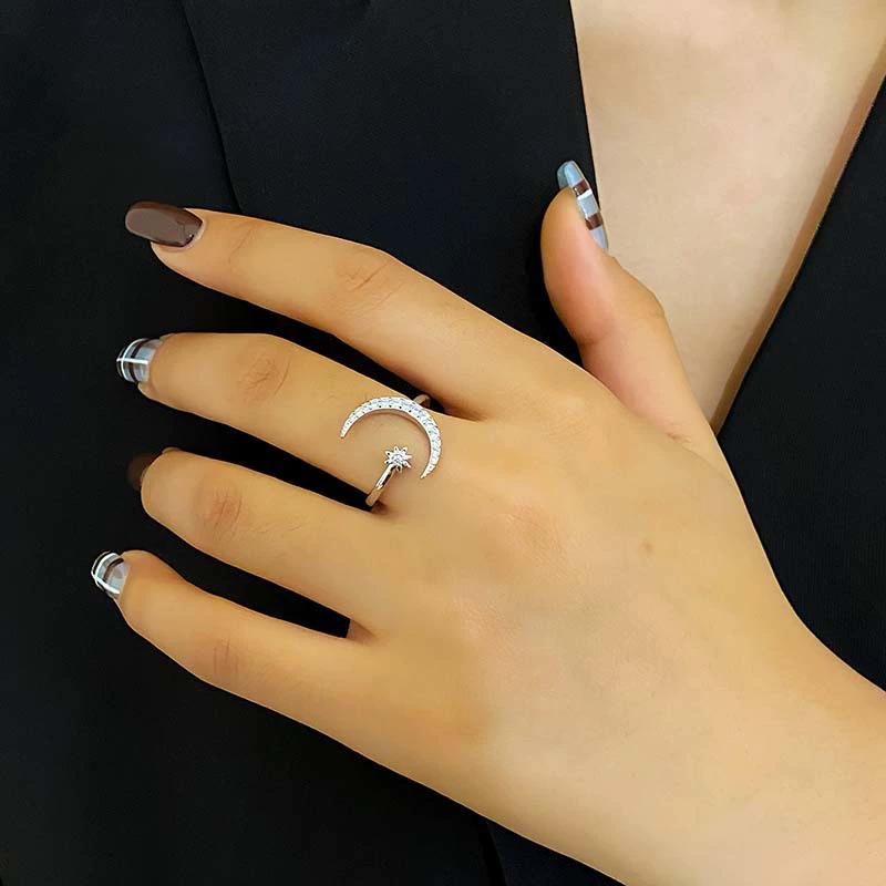 Новое кросс-борт jewelry, европейско-американская внешняя торговля персонализированное кольцо с инкрустированным камнем луна и звезда, открывающая регулировка серп и руки украшения для женщин