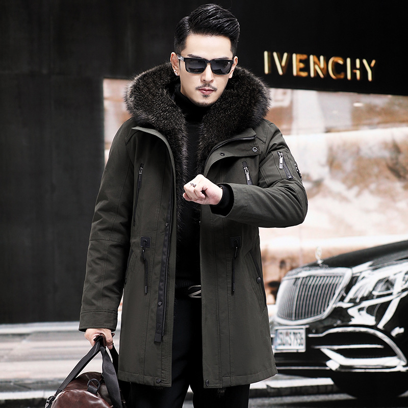 男士派克服外套美洲貉兔毛内胆中长款皮草加厚大衣真皮皮衣男