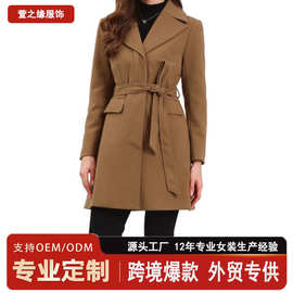 定制跨境女装外套ODM棕色翻领立领系带长袖束腰毛呢外套代加工OEM