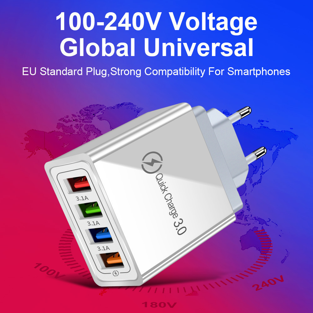4USB mobile phone charger 5V3A multi port QC3.0 headphone watch fast charging head European and American standards_voghion.com