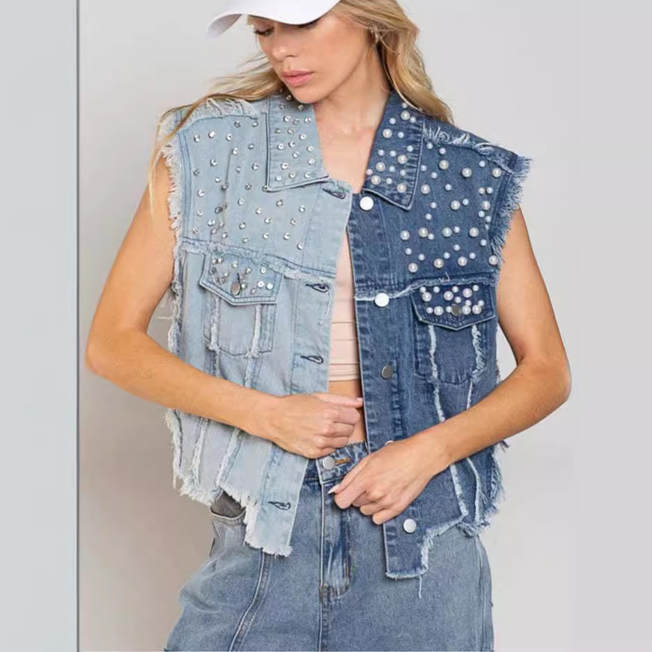Chaleco de mezclilla 23 años europeo y americano transfronterizo comercio exterior de Amazon empalme cuentas suelta mujer chaqueta de mezclilla corta 3285 image 3