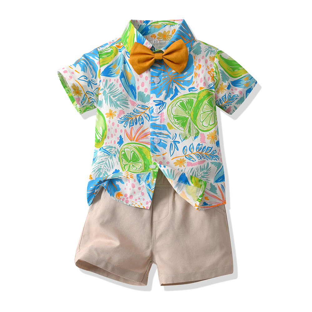 Camisa floral de manga corta de verano, pantalones cortos para niños, bebé casual de dos piezas, ropa para niños de comercio exterior, ropa de playa multicolor, lote caliente