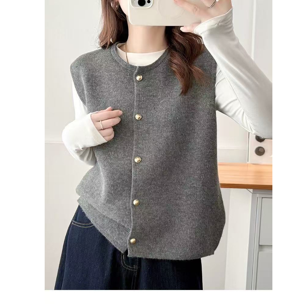 Botón de cordillera suave de cuello redondo nuevo estilo casual de una sola pieza de chaleco de mujer image 2