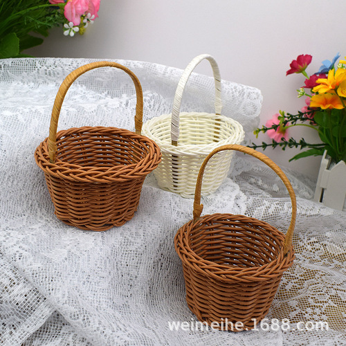 Hand basket mini basket imitation rattan woven basket plastic imitation rattan wall hanging basket balcony living room decoration flower arrangement basket hand basket