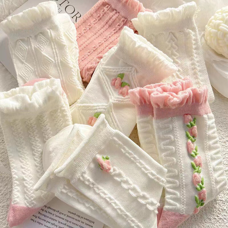 Women's Spring and Summer Thin Jk Socks, White Mid-Calf Socks, Trendy Japanese Style, Pink Mist Color, High Aesthetic Appeal, Lace Trim Women's Spring and Summer Thin Jk Socks, White Mid-Calf Socks, Trendy Japanese Style, Pink Mist Color, High Aesthetic Appeal, Lace Trim