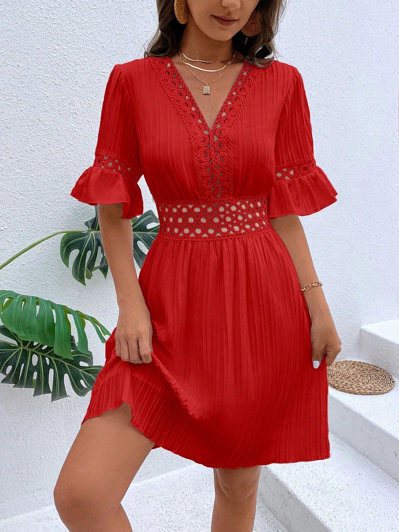 277g Weight Knee-Length Dress Length Type Half Sleeve Sleeve Length Regular Dress Dresses Type Bell Sleeve Sleeve Type Polyester Fabric Type High Waist Waist Line Holiday, Daily Occasion V Neck Neckline Slim Fit Type Solid Color Pattern Summer Season Women's Gender Lace Design Elegant, Streetwear Style Wholesale Women's Elegant Streetwear Lace Solid Color Holiday Daily V Neck Half Sleeve Regular Dress 13