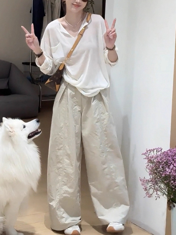 韩系杏色针织冰丝长袖T恤防晒罩衫女夏季外搭慵懒松弛感薄纱上衣|undefined