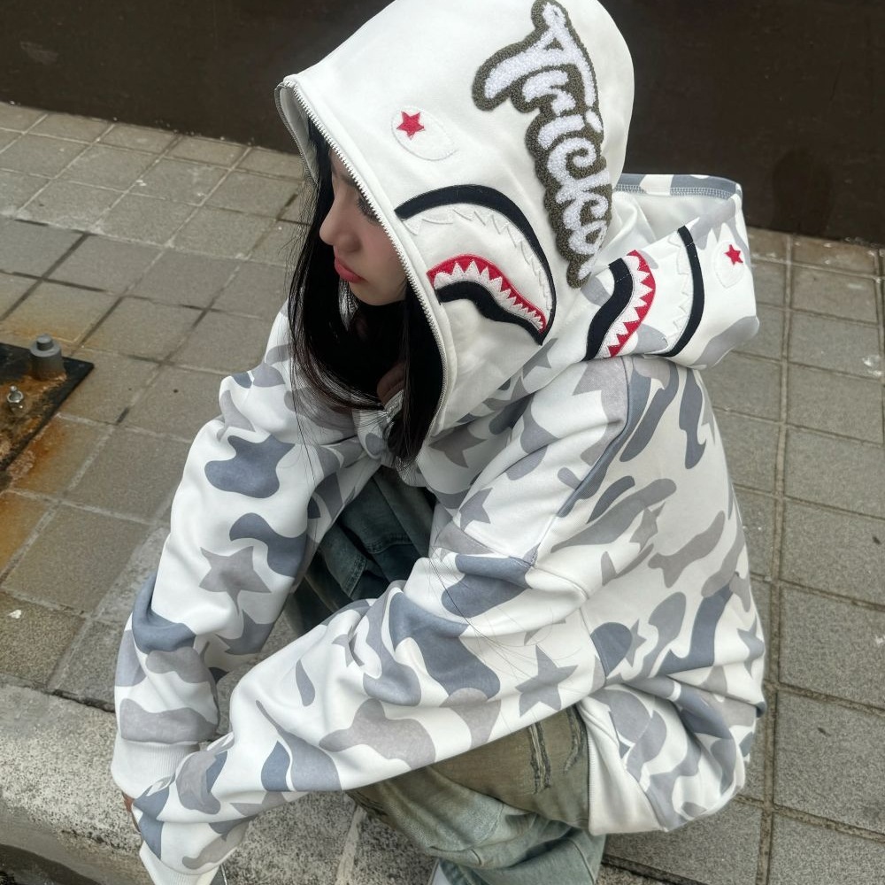 美式设计感小众迷彩连帽双帽卫衣女秋季宽松oversize拉链开衫外套
