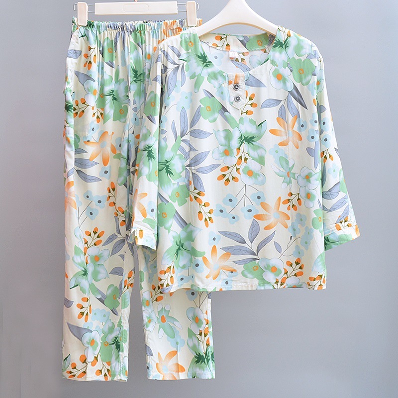 女性用綿シルクパジャマ、夏用薄手、中高年ママ、ゆったり綿シルクホーム服、七分袖お出かけスーツ|undefined
