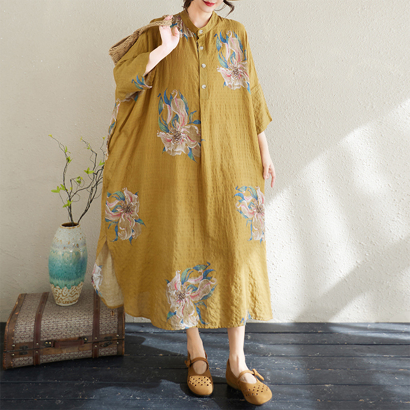 Foreign Trade plus size Spring and Summer New Artistic Temperament Retro Cotton and Linen Printing Collar Loose Super Long Holiday dress