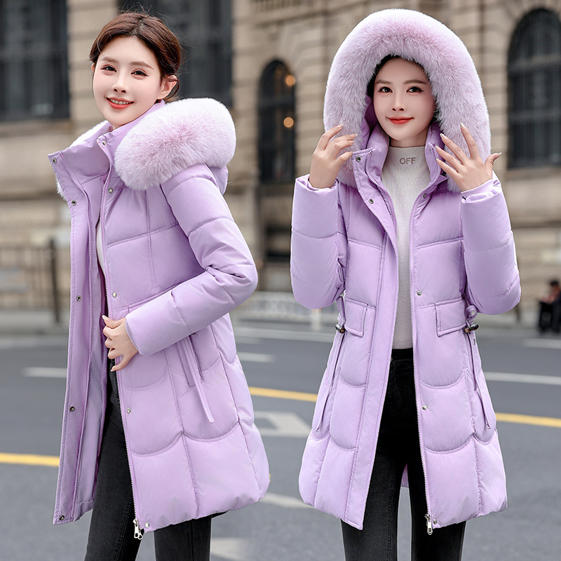 Gran cuello de cabello nueva chaqueta de algodón 2025, chaqueta de invierno media y larga chaqueta de algodón encapuchado cintura cuerda delgada y gruesa ropa de algodón mujer