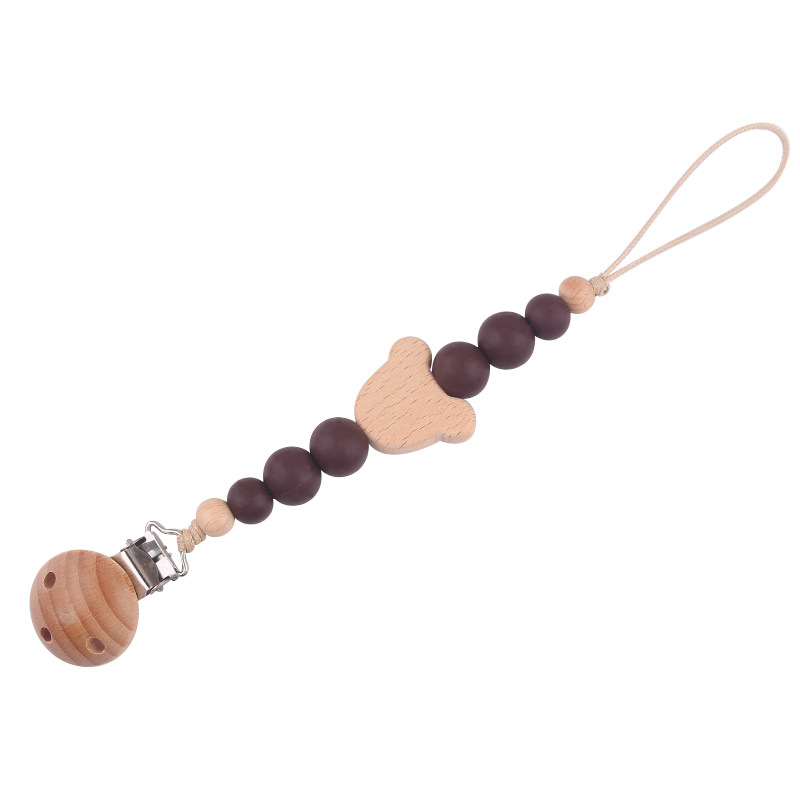 Productos para bebés Clip de chupete de madera de haya Dibujos animados de bebé creativo Oso de madera de haya Muerde los dientes Cadena de chupete anti-caída