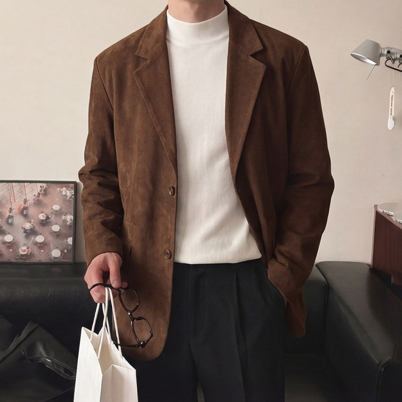 Old Money Style Retro Suede Casual Suit Men's Business High-End Single-Breasted Jacket Brown Lapel Loose Suit