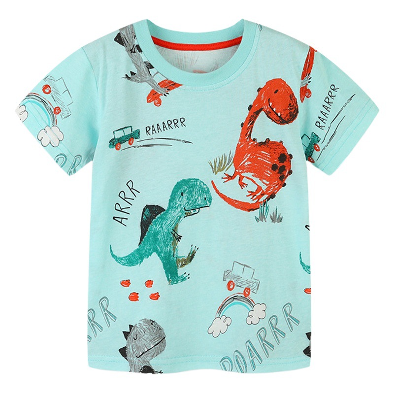 Ropa Infantil Estilo Europeo y Americano, Verano 2026, Nueva Camiseta para Niños, Tejida en Algodón, con Estampado de Dinosaurio de Dibujos Animados, Manga Corta image 1
