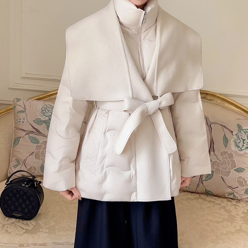 M Brand Wool 90% White Duck down Short Coat for Women with Belt, Elegant and Stylish, Korean Style Versatile Jacket