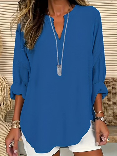 Vibrant Solid Color Notch Neck Blouse Stylish Casual Long