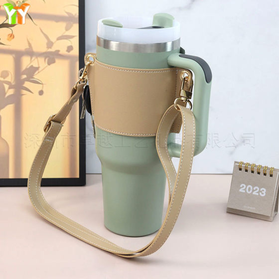 Amazon hot sale 40oz ice cream cup cover outdoor adjustable crossbody stanley Cup cover PU leather handle cup cover